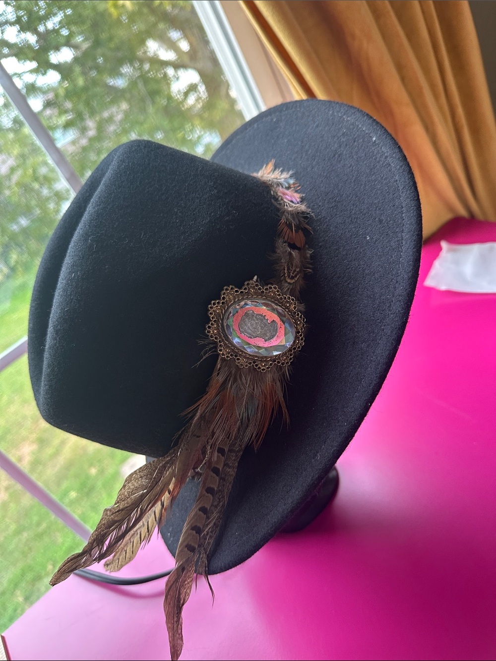 Black Wool Felt Fedora Hat with Feather, beads and Cameo Accent